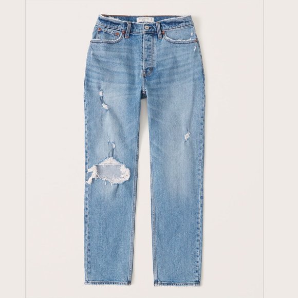 Abercrombie 90s Ultra High Rise Straight Jeans Light Wash Ripped 28R - Picture 1 of 8